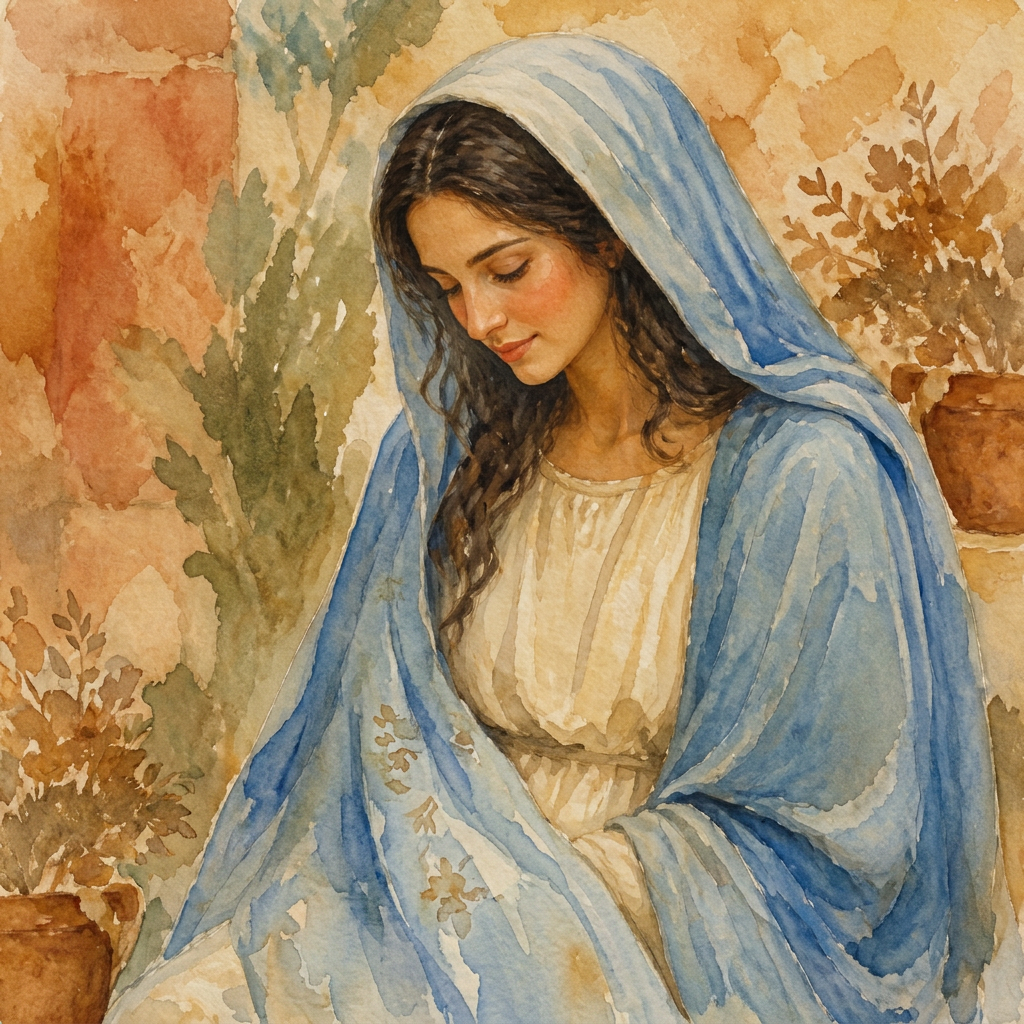 Soft watercolour illustration of Our Lady in a blue veil with hands folded in prayer and a gentle golden halo