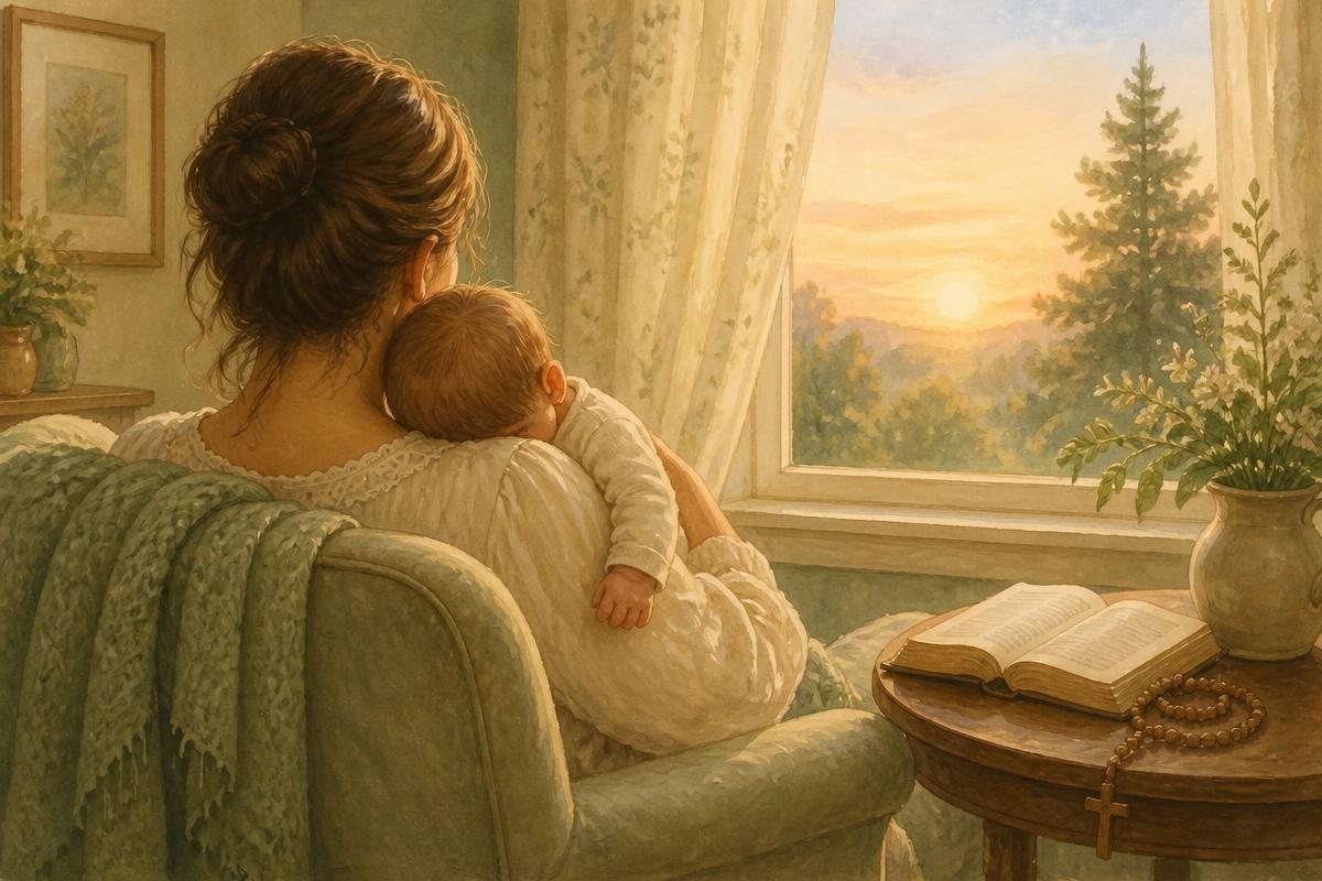 Soft watercolour illustration of a mother holding her sleeping baby in quiet prayer by a window